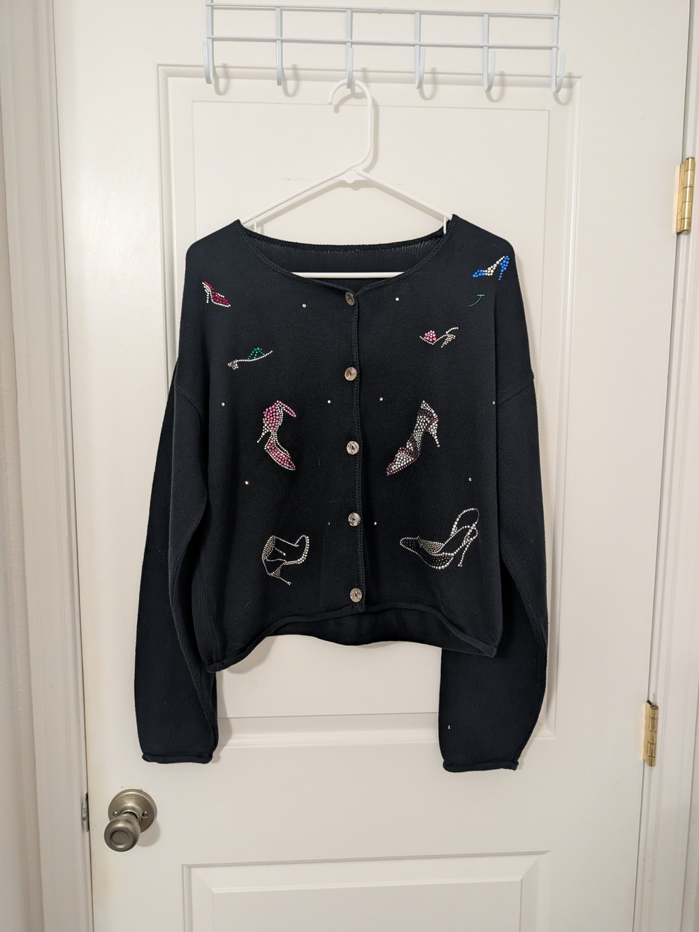 Vintage Y2K Black Rhinestone High Heel Shoe Cardigan Sweater Size M